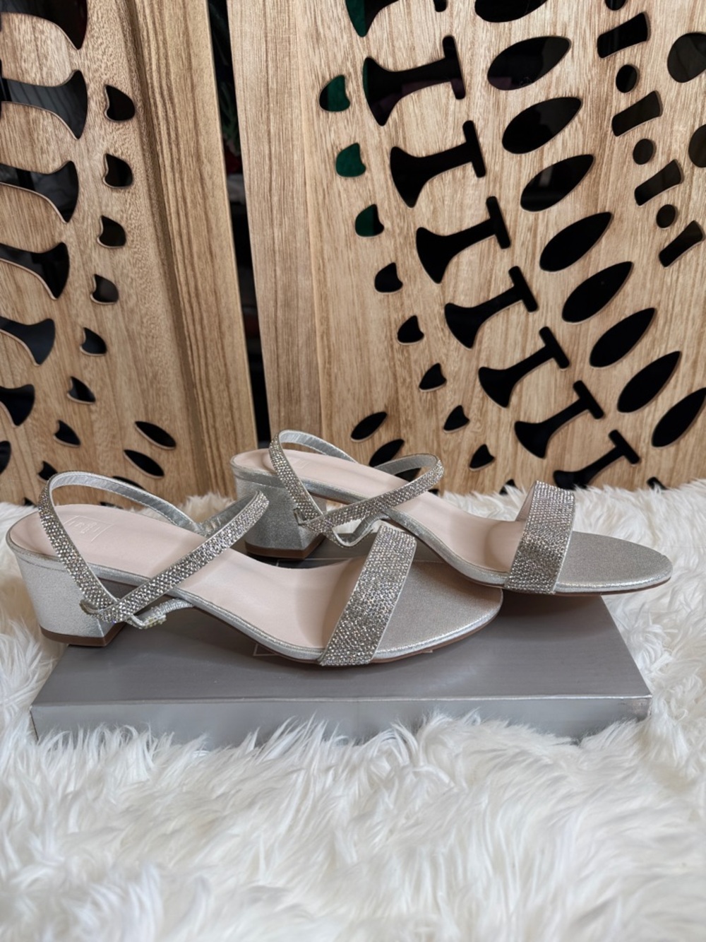 David's Bridal Silver Sparkle Low Block Heel Sandals